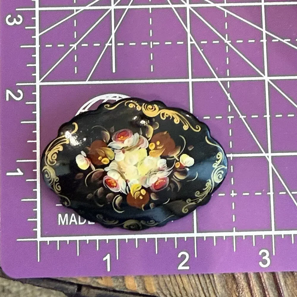 Russian Toleware Folk Art Black Flower Brooch Pin Hand Painted Signed